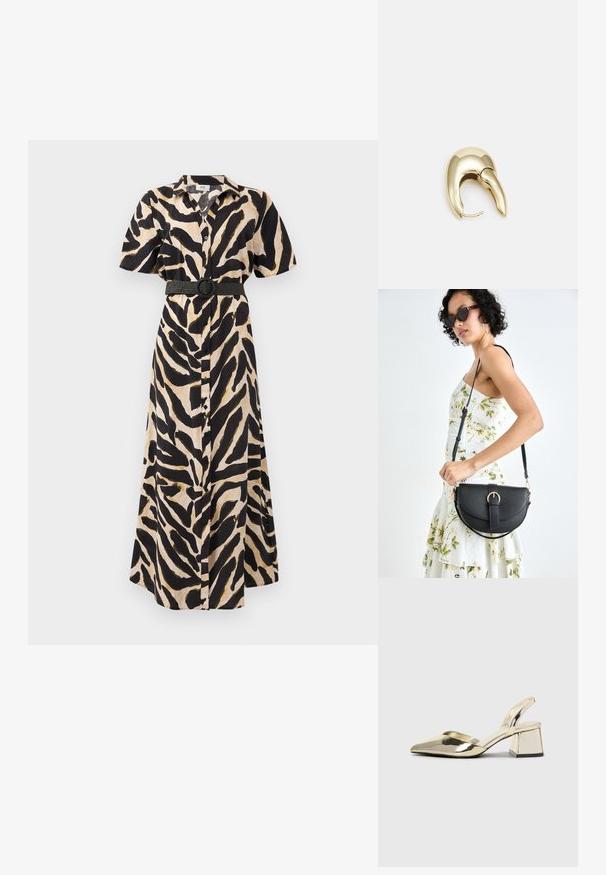 Pikk, nööbidest kleit, millel on must ja beež loomade print, lühikesed varrukad ja must vöö, millel on ringikujuline pandlaosa, talje kohal.; Kuldne, metallilised slingback-kudumid terava varba ja paksu kontsaga. Sile tekstuur, minimalistlik disain ja kitsas rihm.; Mustmust mustraha kõverate joontega, eemaldatava rihmaga ja kuldsete detailidega. Kotil on klapp, millel on pandladetail.; Kuldtooni metallist kõrvarõngas, millel on elegantne ja kaarjas disain. Omab silmapaistvat teravat kuju, poleeritud pinda ja hingesulgemist.