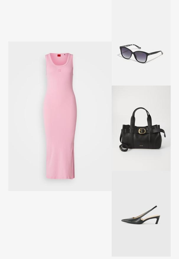 HUGO NALIMERA - Šaty do práce - medium pink; Čierne slingback topánky s ostrou špičkou a nízkym opätkom, vyrobené z hladkej kože a s výrezmi na boku pre lepšiu priedušnosť.; Čierne slnečné okuliare s gradientnými sklami, štvorcového tvaru a štruktúrovaným čierno-bielym vzorom na straniciach. Obsahujú strieborný akcent loga.; Čierna kožená kabelka s štruktúrovaným dizajnom, dvojitými hornými uchopiteľmi, zlatým prackovým akcentom a embosovaným logom značky na prednej strane.