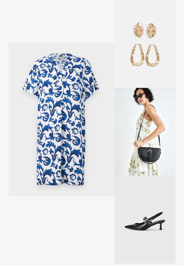 Kortärmad klänning i knälängd med V-ringning, med ett blått blommönster på vit bakgrund, tillverkad av lätt tyg.; Svarta patentläder slingback-klackar med spetsig tå och en liten blockklack, med en silvrig spänneaccent på remmen.; Svart läderhandväska med en böjd form, avtagbar rem och guldiga detaljer. Väskan har ett lock med en spänndetalj.; Örhängen i guldton med texturerade, vågiga former. Inkluderar skulpturala clip-on-stift och öppen hoop-design med hamrad finish.