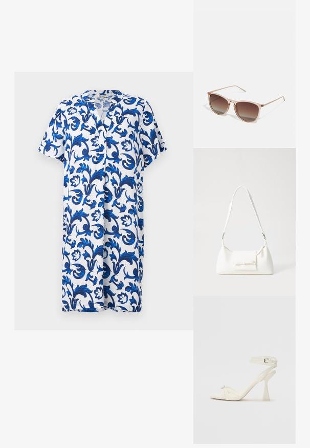 Krótkorelaksowa sukienka do kolan z dekoltem w kształcie litery V, ozdobiona niebieskim wzorem kwiatowym na białym tle, wykonana z lekkiego materiału.; Białe skórzane sandały na wysokim obcasie z paskami, o smukłym wyglądzie, z przezroczystym słupkiem i ozdobnym elementem na palcach.; Brązowe okulary przeciwsłoneczne w gradientowym kolorze z przezroczystym różowym ramkiem, w kształcie kwadratu, z cienkimi metalowymi zausznikami. Posiadają zaokrąglone krawędzie i minimalne wykończenie.; Biała syntetyczna torba o trójkątnym kształcie, płaskim przednim klapce i detalach w postaci kokardy, regulowanym pasku, gładkiej fakturze oraz minimalistycznym designie.