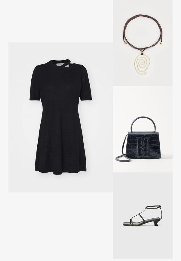 Μαύρο φόρεμα κοντομάνικο, φτιαγμένο από ελαφρύ ύφασμα. Διαθέτει στρογγυλή λαιμόκοψη και φαρδύ τελείωμα, με μοναδική λεπτομέρεια ανοιχτού κοψίματος στη λαιμόκοψη.; Μαύρη δερμάτινη σανδάλι με τετράγωνη μύτη, λεπτές λωρίδες, ρυθμιζόμενη λωρίδα στον αστράγαλο και χαμηλό τακούνι. Διαθέτει μια μικρή χρυσή λεπτομέρεια στη λωρίδα.; Μαύρη τσάντα χεριού από δέρμα με ανάγλυφο σχέδιο κροκοδείλου, με δομημένο σχεδιασμό, επάνω χερούλι, ρυθμιζόμενο λουράκι και έντονη λεπτομέρεια λογότυπου μπροστά.; Χρυσό κρεμαστό με σπείρα και λευκή πέρλα, κρεμασμένο σε καφέ δερμάτινο κορδόνι. Το κρεμαστό έχει λείες, ρέουσες γραμμές και μεταλλικές λεπτομέρειες.