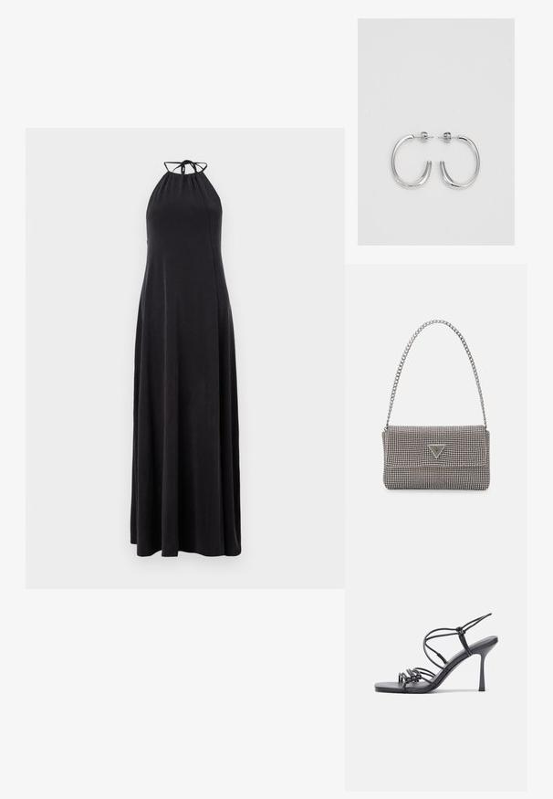 Rochie maxi cu gât halter, de culoare neagră, cu un bust pliat și fustă fluidă, dintr-un material neted. Are un sistem de închidere cu șnur la gât.; Sandale negre cu toc înalt au curele subțiri cu un design legat, un vârf pătrat neted și un toc stiletto elegant.; Geantă metalică gri deschis, cu un strap din lanț, decorată cu mici ținte circulare metalice și un logo de marcă triangular.; Cercei rotunzi din argint cu un finisaj neted și strălucitor. Design ușor, având o formă rotundă și închidere cu tijă.