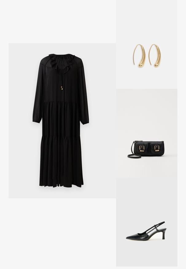 Juoda ilgos rankovės suknelė su raukšlėtu apykaklė, elastinga juosmens dalimi ir tiered sijonu. Pagaminta iš lengvos medžiagos. Paprasti auksiniai aksesuarai.; Juodai lakuoti slingback aukštakulniai su smailiu nosiu, su tekstūruotu gyvatės raštu, reguliuojama juosta ir trumpu, tekstūruotu blokiniu kulnu.; Juodas odinis per petį nešiojamas krepšys su dviem priekiniais kišenėmis, auksiniais sagtimis, užtrauktuko uždarymu ir siauromis petnešomis. Textūruota paviršius ir kompaktiškas stačiakampis formatas.; Auksinės metalinės auskarų kabės su lenktą, pailgą forma. Turi lygų, blizgantį paviršių ir užapvalintą galiuką papildomam akcentui.
