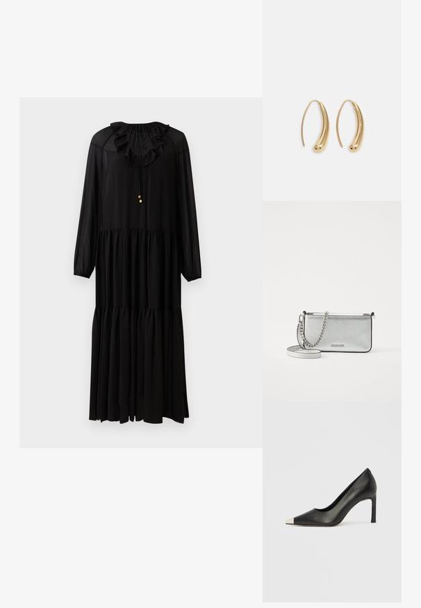 Vestido preto de mangas longas com decote pregueado, cintura elástica e saia em camadas. Feito de um tecido leve. Detalhes em ouro simples.; Sapato de salto alto em couro preto com bico apontado e biqueira metálica prateada. Apresenta um acabamento liso e um salto esguio de 10 cm.; Bolsa crossbody de couro prateada com um acabamento texturizado, detalhes em corrente e alça, e fecho de zíper. Apresenta um logotipo na parte da frente.; Brincos em metal dourado com forma de arco alongado e curvado. Apresentam uma superfície lisa e brilhante, com uma ponta arredondada para um detalhe adicional.
