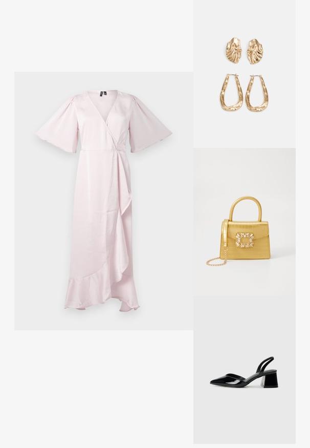 Gaiši rozā apģērbs ar īsām piedurknēm, V-veida kakla izgriezumu un kraukšķīgu apakšmalu. Izgatavots no gludas, satīnam līdzīgas auduma ar jostu viduklī.; Melna lakota āda ar atvērto papēdi, ar smailu purngalu un ģeometrisku blokpapēdi. Iezīmējas elegants, minimāls dizains un gluda tekstūra.; Dzeltena mākslīgā krokodila roku soma ar strukturētu dizainu, augšējo rokturi, noņemamu ķēdes siksniņu un dekoratīvām kristāla rotājumiem aizdares daļā.; Zelta krāsas auskari ar teksturētām, viļņotām formām. Iekļauts skulpturāls piespraužams modelis un atvērta gredzenveida konstrukcija ar izsistām virsmām.