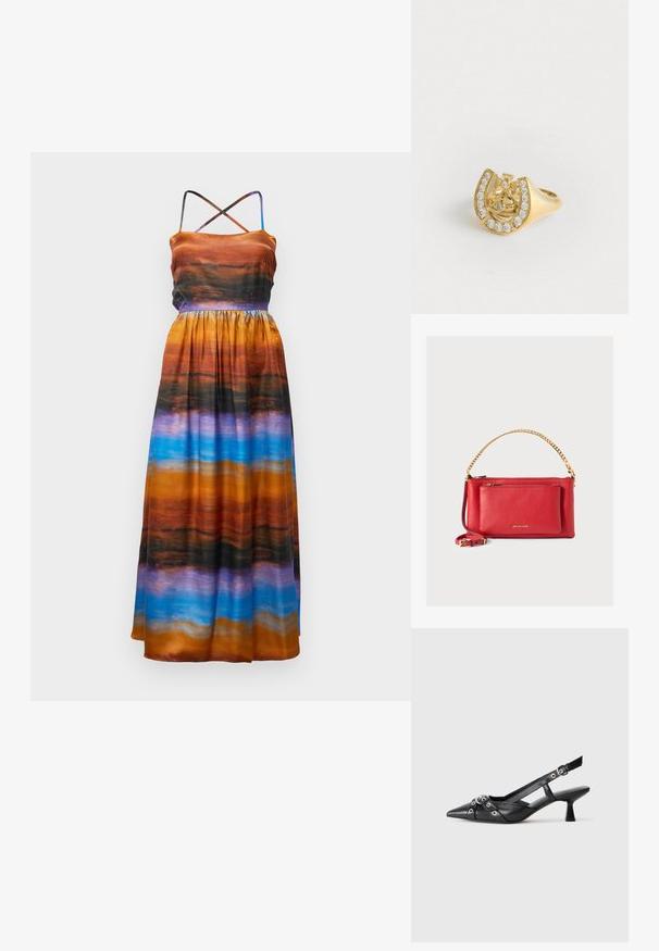Keliama suknelė iš daugiaspalvės medžiagos, kuri apima oranžines, juodas, purpurines ir mėlynas horizontalias juostas; reguliuojamos siauros petnešos; susiraukšlėjusi juosmeninė dalis.; Juodas odinis slingback tipo batai su smailiu priekiniu atvartu, dekoratyvinėmis sagtimis su metaliniais akyčiais ir žemu blokiniu kulnu. Saldus paviršius.; Raudona odinė rankinė su tekstūruotu paviršiumi, auksine grandine ir dirželiu, priekinė užtrauktuko kišenė ir išspaustas logotipas. Kompaktiškas ir struktūruotas dizainas.; Aukso žiedas su karūnos dizainu viduje arkadijos, papuoštas mažomis skaidriomis brangakmenių, baltame fone.