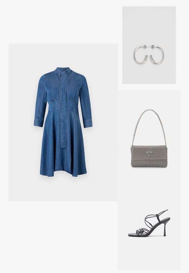 Denim kleita ar pieguļošu augšdaļu, garām piedurknēm, stāvošu apkakli un vaļīgu svārku; satur pogu aizdari priekšpusē un savelkamus elementus.; Melnas augstpapēžu sandales ar plāniem siksniņām un mezgla dizainu, gluda kvadrātveida purngalu un elegantu stiletto papēdi.; Gaiši pelēka metāla rokassoma ar ķēdes siksnu, rotāta ar mazām apaļām metāla kniedēm un trīsstūra zīmola logo.; Sudraba riņķveida auskari ar gludu, spīdīgu apdari. Apaļas formas, viegla dizaina, ar aizdari uz stieples.