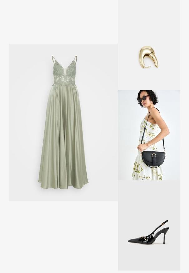 Mascara Ballkleid - khaki; Schwarzer Lackleder-Pumps mit spitzem Zehenbereich und offener Ferse, goldenen Hardware-Details und einem eleganten Design.; Schwarze Lederhandtasche mit geschwungener Form, abnehmbarem Tragegurt und goldenen Beschlägen. Die Tasche verfügt über einen Deckel mit einer Schnallen-Details.; Ohrringe aus goldfarbenem Metall mit einem schlanken, geschwungenen Design. Sie verfügen über eine markante, spitze Form, eine polierte Oberfläche und einen Scharnierverschluss.