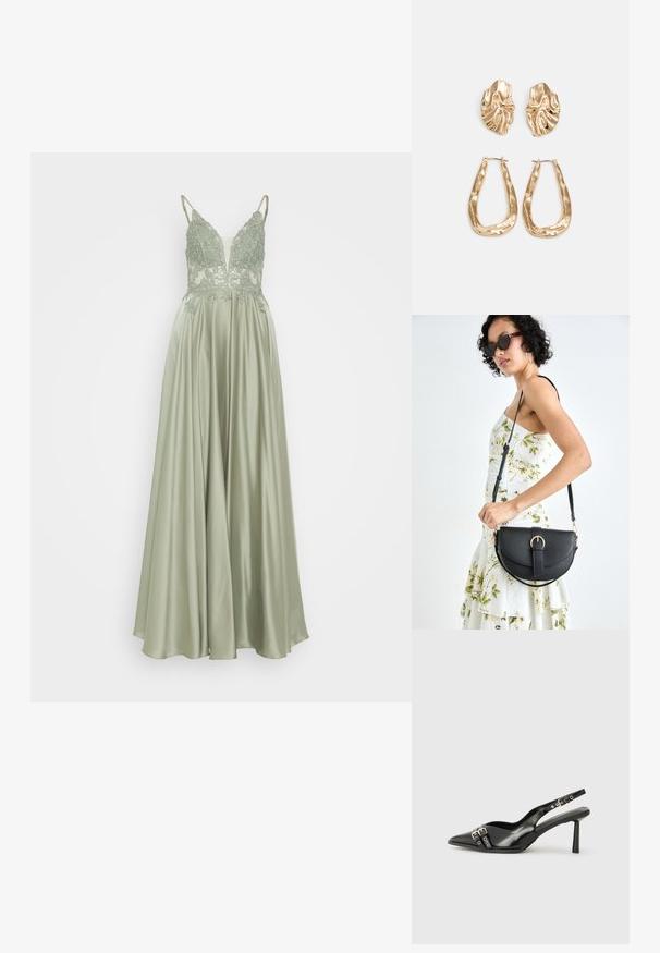 Mascara Svečana odjeća - khaki; Crna lakirana slingback cipela s izduženim vrhom, remenčićima oko gležnja s srebrnim kopčama i dijelovima, te vitkim potplatom.; Crna kožna torba s lukovitim oblikom, odvojivim remenom i zlatnim detaljima. Torba ima preklop s kopčom.; Naušnice zlatne boje s teksturiranim, valovitim oblicima. Uključuju skulpturalne kopče i dizajn otvorene kružnice s kovanom završnom obradom.