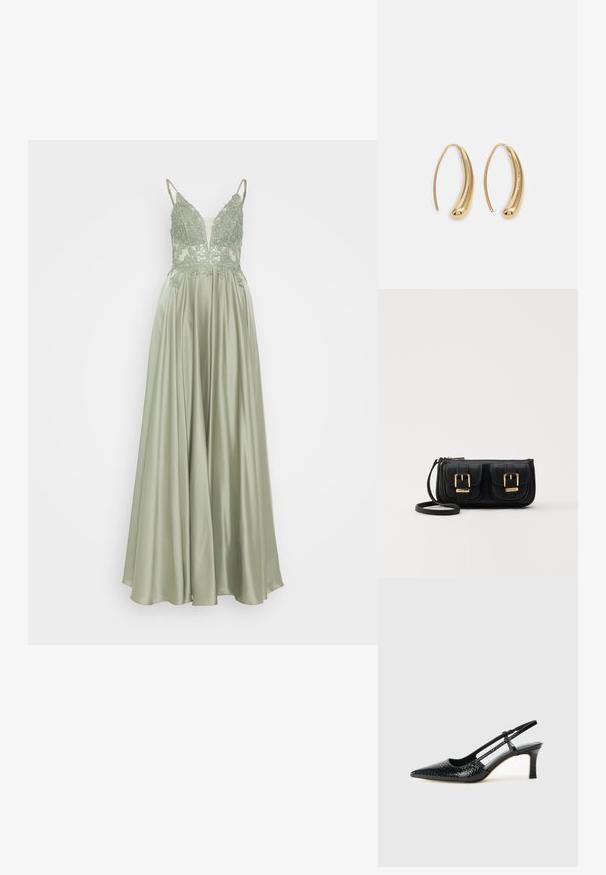 Mascara Alkalmi viselet - khaki; Fekete lakk slingback sarok, hegyes orral, texturált kígyómintával, állítható pánttal és rövid, texturált tömbsarkal.; Fekete bőr keresztbody táska két elülső zsebbel, arany csattokkal, cipzáras záródással és vékony pánttal. Textúrált felület és kompakt téglalap alak.; Aranyszínű fémből készült karika fülbevalók ívelt, hosszúkás formával. Simaságával és fényes felületével, valamint lekerekített végével további részletekkel bővül.