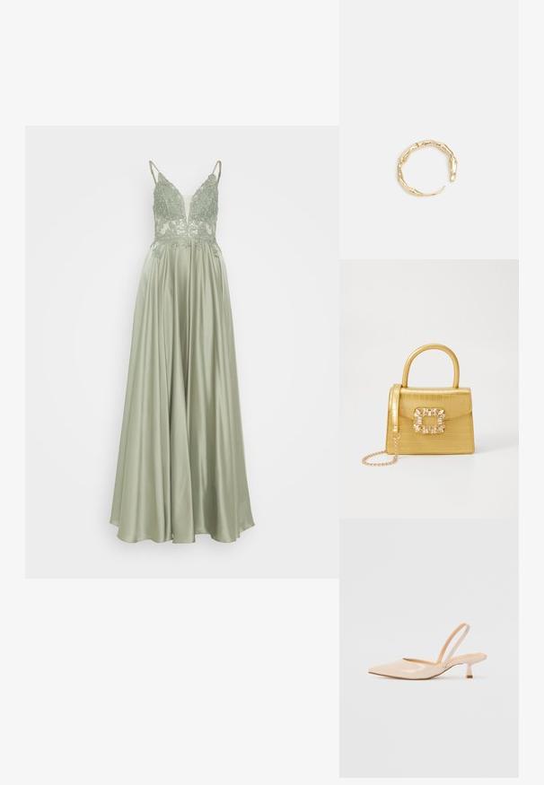 Mascara Pidulikud riided - khaki; Beežist lakitud nahast slingback kontsad terava nina ja peene ruudukujulise kontsaga. Sile tekstuur ja minimalistlik disain ilma kaunistusteta.; Kollane faux-krokodilli käsipindaga kott, millel on struktureeritud disain, ülemine käepide, eemaldatav kettmass ja dekoratiivne kristallkaunistus klambril.; Kuldtoonis sõrmus, millel on orgaaniline, keerdunud disain sileda tekstuuri ja kitsenevate otstega, luues kaasaegse skulptuurilise välimuse.