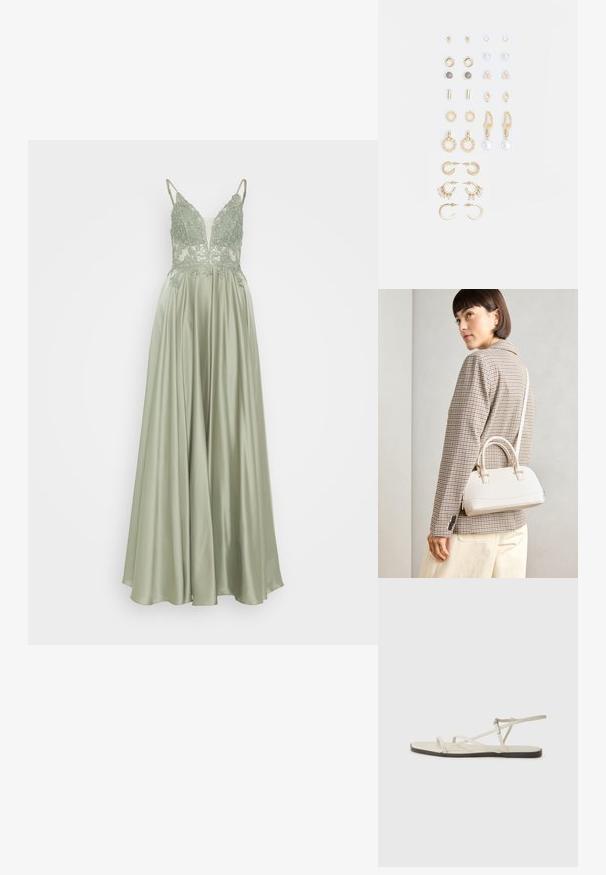 Mascara Pidulikud riided - khaki; Bežid lame sandaal, millel on mitu peenikest rihma ja reguleeritav pandla. Tallal on lame pind, mille ääres on kerge tumedam kontrast.; Valge struktureeritud käekott lühikeste käepidemete ja õlavööga, millel on kuldse riistvara aktsendid ja tekstuuriga materjal, eksponeeritud halli taustal.; Kullastusust kõrvarõngaste komplekt, mis sisaldab erinevaid disaine, sealhulgas nööpe, rõngaid ja riputatavaid tükke, millel on pärlid ja rhinestones.