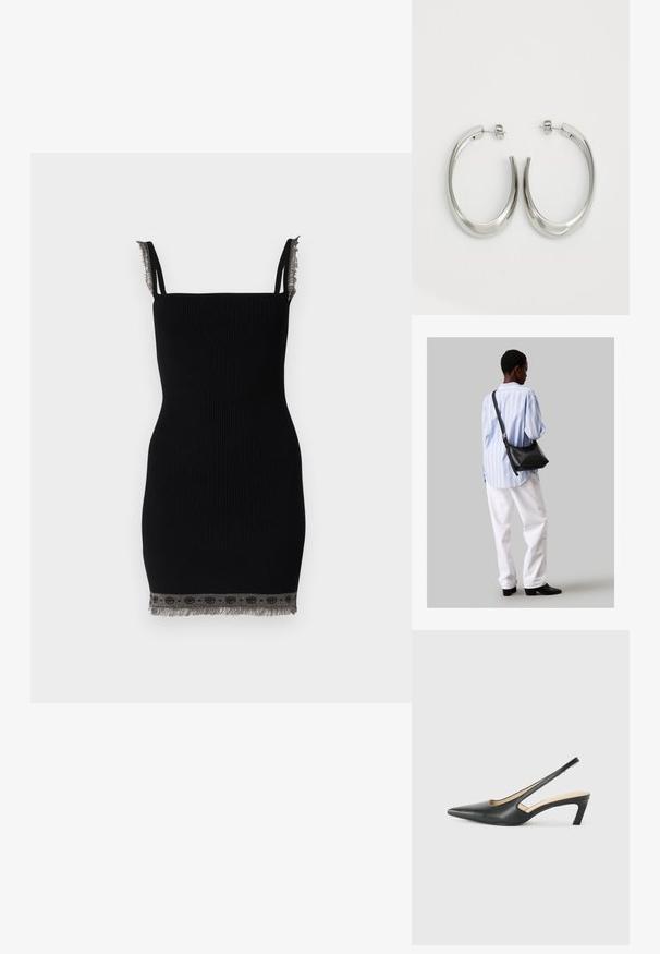 Μαύρο ριχτό φόρεμα με λεπτές τιράντες και διακοσμητική φράντζα στο τελείωμα με μεταλλική λεπτομέρεια. Ο σχεδιασμός του είναι εφαρμοστός και μεσαίου μήκους.; Μαύρο παπούτσι slingback με αιχμηρή μύτη και χαμηλό τακούνι, κατασκευασμένο από λείο δέρμα με σχέδιο κοπής στη πλευρά για αερισμό.; Μαύρη δερμάτινη τσάντα ώμου με απαλή υφή, τριγωνικό σχήμα και ρυθμιζόμενο λουρί, συνδυασμένη με ένα ανοιχτό μπλε ριγέ πουκάμισο και λευκό παντελόνι.; Ασημένια σκουλαρίκια κρίκοι με μαλακή, καμπυλωτή σχεδίαση. Διαθέτουν γυαλιστερή μεταλλική υφή και κλείσιμο με σφίγγα. Χωρίς ορατά μοτίβα ή διακοσμήσεις.