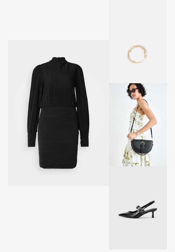 Juoda plisuota suknelė su aukštu kaklu, ilgomis rankovėmis ir prigludusia siluetu. Audinys subtiliai raukšlėtas, suteikiantis struktūrizuotą išvaizdą.; Juodai lakuoti slingback aukštakulniai su smailiu kojų pirštu ir mažais blokiniais kulniukais, su sidabro sagtimi ant dirželio.; Juodas odinis krepšys su išlenkta forma, nuimamu dirželiu ir auksiniais detalėmis. Krepšys turi kilpą su sagtimi.; Auksinės spalvos žiedas, turintis organišką, sukimosi dizainą su lygiu paviršiumi ir siaurėjančiais galais, sukuriantis modernią skulptūrinę išvaizdą.