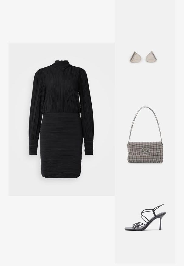 Melnas plecu drānas kleitas ar augstu kakla izgriezumu, garām piedurknēm un pieguļošu siluetu. Tekstūra ir nedaudz rievojusies, lai radītu strukturētu izskatu.; Melnas augstpapēžu sandales ar plāniem siksniņām un mezgla dizainu, gluda kvadrātveida purngalu un elegantu stiletto papēdi.; Gaiši pelēka metāla rokassoma ar ķēdes siksnu, rotāta ar mazām apaļām metāla kniedēm un trīsstūra zīmola logo.; Sudraba metāla auskari ar gludu, asarveida formu un pulētu apdari. Smalkas gravējumi pievieno detalizāciju. Minimālisma dizains.