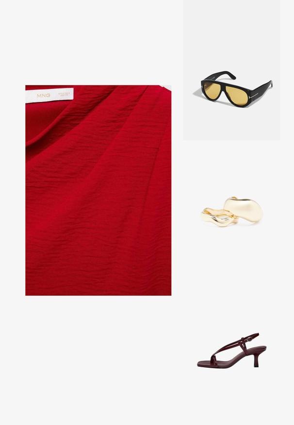 Stofa roșie texturată cu ondulații subtile, etichetată "MNG", prezentând un finisaj neted și o culoare vibrantă. Ideală pentru designul de îmbrăcăminte.; Sandale cu toc înalt burgundy, cu vârf pătrat, curele subțiri și cataramă pentru gleznă. Textură de piele fină și toc subțire, de tip bloc.; Ochelari de soare negri cu un cadru geometric, lentile galbene și accente aurii pe temple. Textură netedă, formă largă, design contemporan.; Cercei de culoare aurie cu o formă organică, asemănătoare unui bob, și o suprafață netedă, reflectantă; prezintă un design minimalist, fără hardware vizibil.