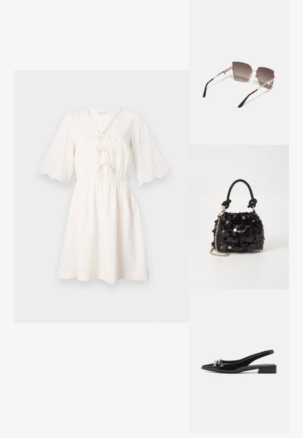 Fehér ruha V kivágással és fűzős elemmel, rövid, harang formájú ujjakkal és redőzött derékkal, texturált anyagból készült.; Fekete lakkbőr szandál szíjjal, hegyes orral, alacsony, blokk sarkú, ezüstszínű fém részlettel az elején.; Rózsaszín arany fémkeretes napszemüveg, szögletes lencsékkel, melyek sötétbarna és világosbarna árnyalatokban terjednek, és teknőctarka minta díszíti a füleket.; Fekete flitteres mini kézitáska csomózott textúrájú pánttal és ezüst lánccal. Lekerekített forma, ráncolt tetejével és fényvisszaverő részletekkel.