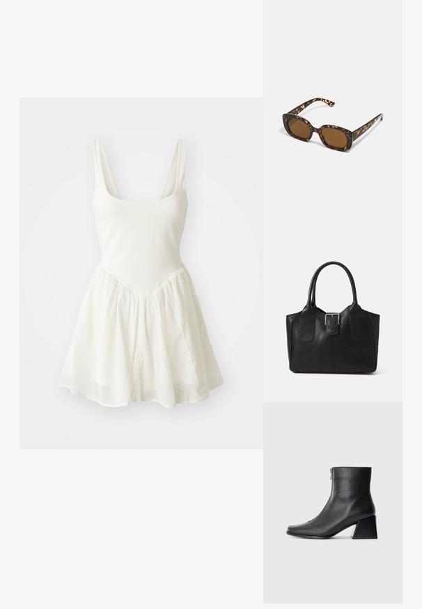 Bela brezrokavna obleka s prilegajočim korzetom in širokim, lahkim krilom. Gladek material z mehko teksturo in preprosto zasnovo.; Črne usnjene gležnjarice s kvadratnim nosom, stranskim zadrgo in blok peto na enostavni svetli podlagi.; Sončna očala iz kornjačine s poudarjenim, okroglim okvirjem in rjavimi lečami. Imajo subtilne vzorce in ravne, zožene ročke.; Črna usnjena torba s gladko teksturo, strukturirano obliko, dvema ročkama in izrazitim srebrnim sponko na sprednji strani.