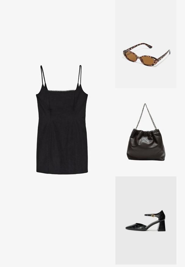 Črna oprijeta obleka z nastavljivimi naramnicami in nežnim čipkastim robom ob izrezu. Gladka tekstura in prilagojen dizajn.; Črne patentne usnjene čevlje s visokimi petami, s koničastim nosom, trakcem okrog gležnja in teksturiranim kroko vzorcem. Oblikovanje kvadratne blokaste pete.; Želve sončne očala z ovalnimi lečami, rjave tonirane, tanke ročice z teksturiranim vzorcem, lahka plastična okvir.; Rjava usnjena torba z nabranim vrhom in verižnim trakom. Gladka tekstura z sijajno površino in subtilnimi šivi na straneh.