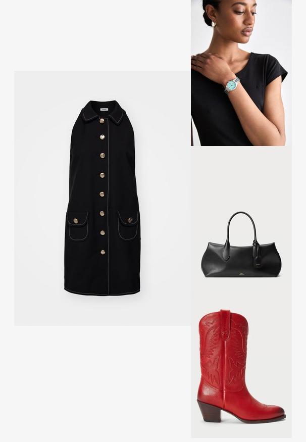 Sort ærmeløs frakke med krave, med gyldne knapper ned langs fronten, to forlommer og hvide stingdetaljer.; Røde læder cowboystøvler med spids tå, dekorativ syning og en stablet træhæls. Har en trækflap for nem påtagning.; Sort lædertaske med glat tekstur, afrundet form, to håndtag og et lille mærke fastgjort. Diskret brandlogo i guld på forsiden.; Sølv armbåndsur med en mintgrøn skive og sølvarmbånd båret på en hånd. Bæreren har en sort tætsiddende skjorte på.