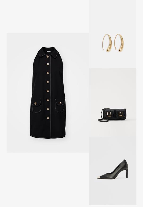 Chaleco negro sin mangas con collar, adornado con botones dorados en el frente, dos bolsillos delanteros y detalles en costura blanca.; Zapato de tacón alto de cuero negro con punta en forma de pico y una tapa metálica plateada. Presenta un acabado suave y un tacón delgado de 10 cm.; Bolso cruzado de cuero negro con dos bolsillos frontales, hebillas doradas, cierre de cremallera y una correa delgada. Superficie texturizada y forma rectangular compacta.; Pendientes de aro de metal en tono dorado con una forma curva y alargada. Presentan una superficie lisa y brillante y una punta redondeada para mayor detalle.