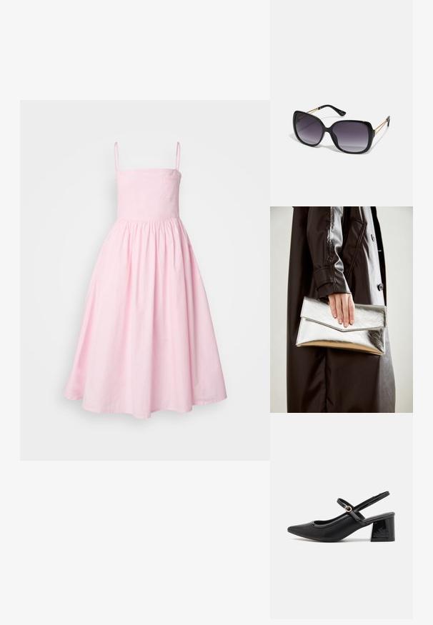 Rochie roz în A, cu bretele subțiri, cu corset strâns și fustă plisată. Confecționată dintr-un material neted, având o textură subtilă și un buzunar pe lateral.; Cizme cu toc slingback din piele sintetică lacuită neagră, cu vârful ascuțit, un design cu decupaj rotunjit și toc bloc. Include un accent cu cataramă de culoare aurie.; Ochelari de soare negri, supradimensionați, cu lentile degradate, rame groase și detalii cu lanț de ton auriu pe brațele templului.; Plică metalică argintie cu un design unghiular de tip plic, textură netedă și culoare contrastantă la interior, ținută într-o mână care poartă o haină neagră.