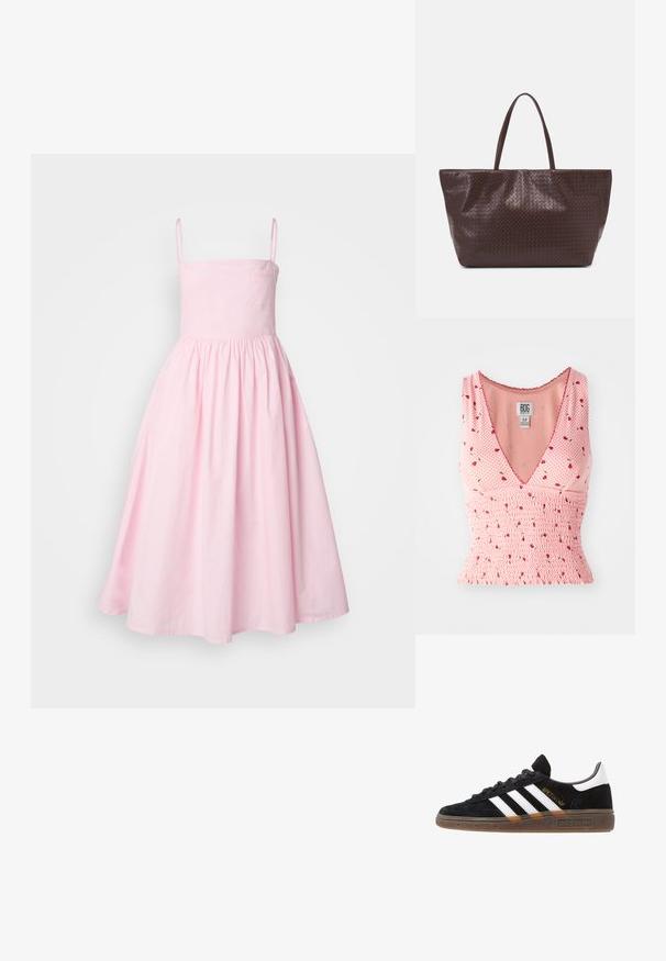 Roze A-lijn jurk met dunne bandjes, aansluitende lijfje en geplooide rok. Gemaakt van gladde stof, met een subtiele textuur en een zijzak.; Roze mouwloos topje met een V-hals, voorzien van gerimpelde details en een bloemenprint. Kleine rode bloemen zijn verspreid over een stippenachtergrond.; Zwarte Adidas sneaker met witte strepen, gouden "Spezial" tekst, gumzool en witte hieltab, weergegeven in zijaanzicht.; Bruine gevlochten leren tote bag met twee handvatten, een gestructureerde vorm en een getextureerd oppervlak, met een diamantpatroon overal.