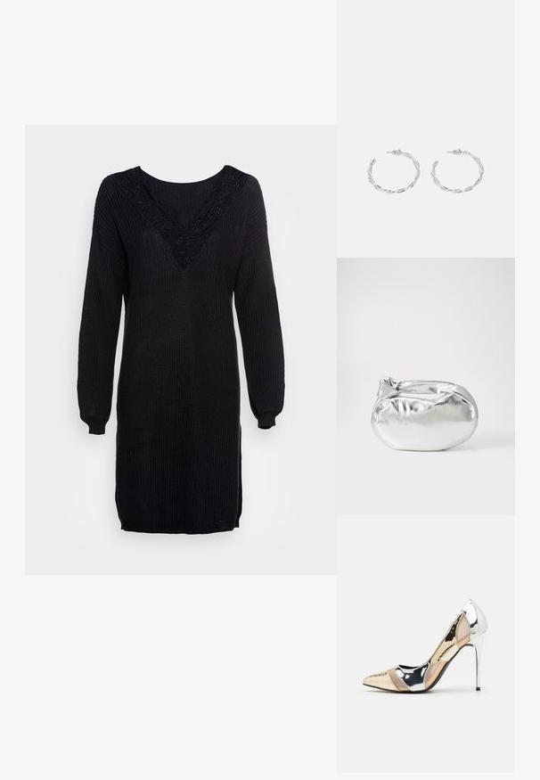 Abito maglione nero lavorato a maglia con maniche lunghe, scollatura a V e dettagli in pizzo sul collo. Tessuto a coste con spacchi laterali sull'orlo.; Scarpa con tacco alto a punta, con una combinazione di colori argento, oro e nudo. Finitura lucida con design a ritaglio, con tacco a stiletto.; Borsa a pochette metallica argentea con una forma morbida e arrotondata e chiusura superiore annodata. Realizzata in materiale sintetico morbido.; Orecchini a cerchio in argento con un design torciglionato, caratterizzati da una finitura lucida e chiusura a perno. Misurano circa 3 cm di diametro.