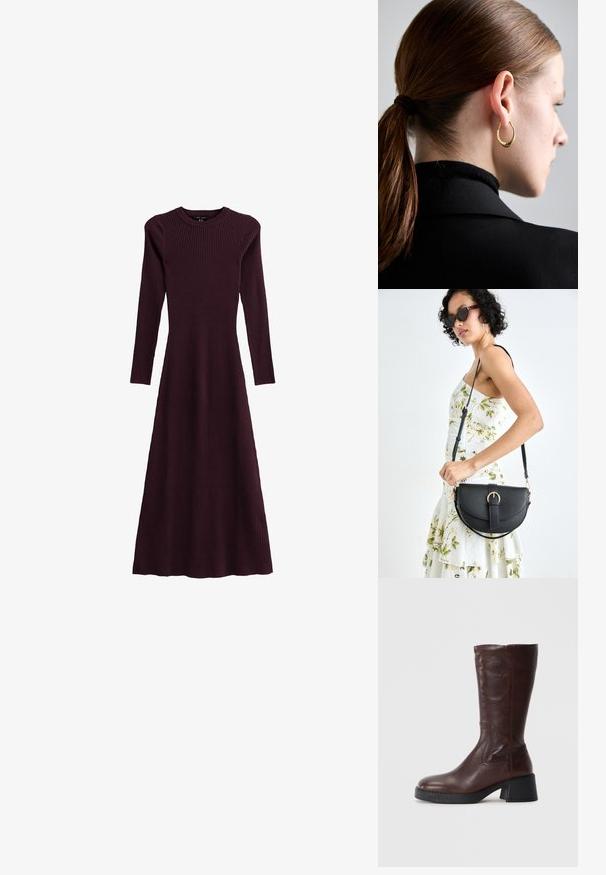 Abito lungo a maniche lunghe color bordeaux a coste, con scollatura rotonda, silhouette fluida e design a lunghezza completa, realizzato in tessuto elasticizzato.; Stivale in pelle marrone alto fino al ginocchio con finitura testurizzata, punta quadrata e tacco a blocco basso. Presenta cuciture laterali e una parte superiore leggermente svasata.; Borsa a tracolla nera in pelle con una forma curva, manico rimovibile e accessori dorati. La borsa presenta una patta con un dettaglio a fibbia.; Orecchino a cerchio in oro con un design arrotondato e leggermente texture, indossato all'orecchio sinistro su uno sfondo di capelli scuri e un indumento nero.