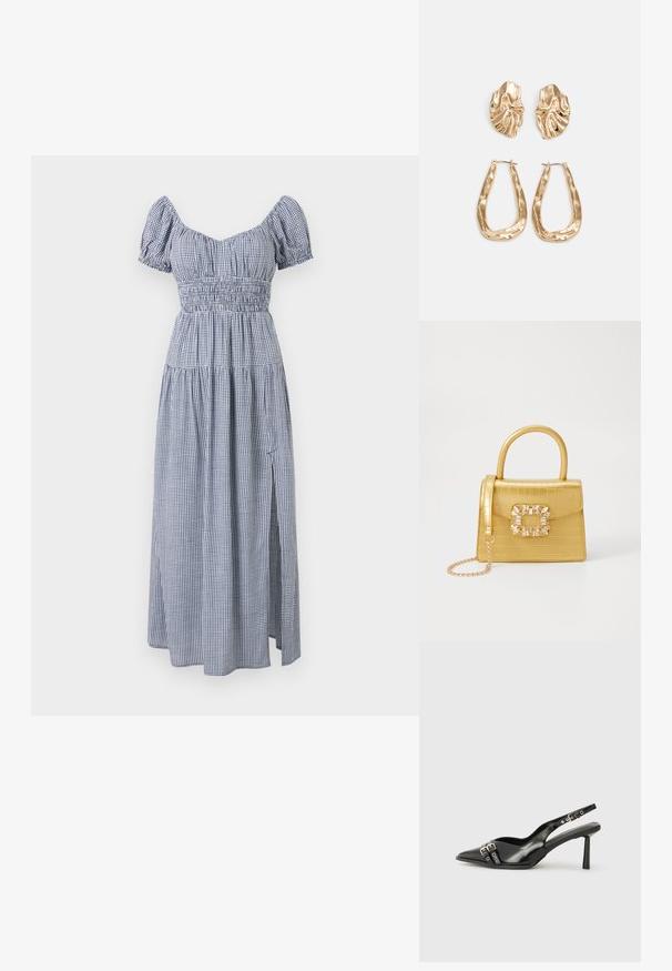 Kockás kék és fehér ruha rövid puffos ujjal, smockolt melltartóval és egy szellős szoknyával, amely oldalán hasítékot tartalmaz.; Fekete lakk bőr, hegyes orrú slingback cipő, boka pántokkal, ezüst csatokkal és hardverelemekkel, valamint karcsú sarkú.; Sárga műbőr krokodil mintás kézitáska strukturált kialakítással, felső fogantyúval, leválasztható lánccal és díszes kristály díszítéssel a záron.; Aranyszínű fülbevalók, texturált, hullámos formákkal. Tartalmazza a szobrászati klipszes studokat és az open hoop kialakítást, kalapácsos felülettel.