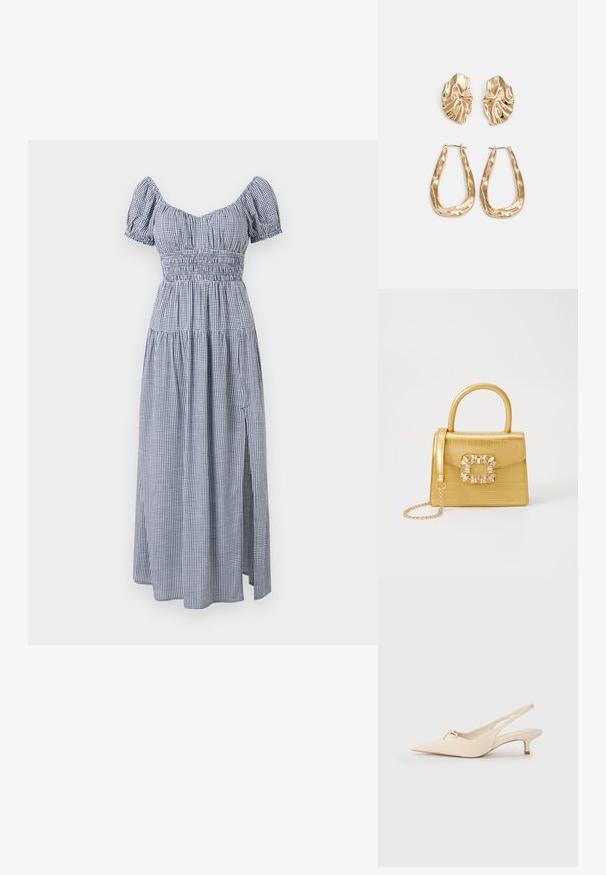 Kockás kék és fehér ruha rövid puffos ujjal, smockolt melltartóval és egy szellős szoknyával, amely oldalán hasítékot tartalmaz.; Hegyes orrú, off-white bőrből készült slingback cipők, kis masnival és alacsony, kislányos sarokkal. Simogató, minimalista design.; Sárga műbőr krokodil mintás kézitáska strukturált kialakítással, felső fogantyúval, leválasztható lánccal és díszes kristály díszítéssel a záron.; Aranyszínű fülbevalók, texturált, hullámos formákkal. Tartalmazza a szobrászati klipszes studokat és az open hoop kialakítást, kalapácsos felülettel.