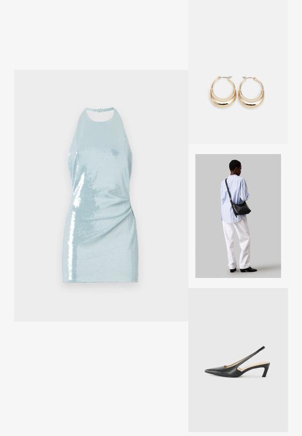 Světle modré flitrové šaty s přiléhavým střihem, vysokým výstřihem a nařasenými detaily po stranách, které vytvářejí hladký a lesklý vzhled.; Černý špičatý slingback s nízkým podpatkem, vyrobený z hladké kůže, s výřezem na boku pro lepší prodyšnost.; Černá kožená kabelka přes rameno s jemnou texturou, trojúhelníkovým tvarem a nastavitelným popruhem, v kombinaci se světle modrou pruhovanou košilí a bílými kalhotami.; Náušnice ve tvaru kroužku zlaté barvy s půlměsícovým tvarem, lesklým povrchem a závěrečným uzávěrem. Hladká textura a reflexní povrch zvyšují viditelnost.