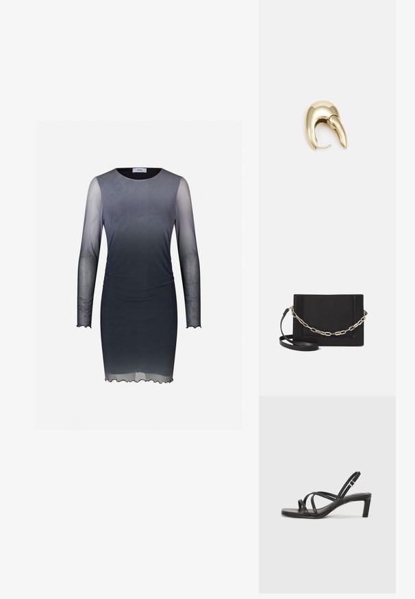 Sukienka do kolan z długimi, przezroczystymi rękawami. Gradient od ciemnoszarego do jasnoszarego. Miękka tkanina, okrągły dekolt, delikatnie falbaniasty dół.; Czarne sandały na obcasie z prostokątnym noskiem i niskim słupkowym obcasem. Posiadają wiele cienkich pasków i regulowany pasek na kostkę. Wykonane z gładkiej skóry.; Czarna skórzana torebka typu crossbody z gładką teksturą, prostokątnym kształtem oraz metalowym detalem w postaci łańcuszka z przodu. W zestawie regulowany pasek.; Złote metalowe kolczyki o eleganckim, zakrzywionym kształcie. Posiadają charakterystyczny szpiczasty kształt, polerowaną powierzchnię oraz zapięcie na zawias.