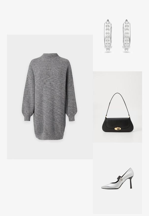 Grauer ribbed Stricksweater mit hohem Kragen, langen puffärmeligen Ärmeln und lockerer Passform, der zarte Texturen und verschiedene Fadenfarben aufweist.; Silberne Lederhighheel mit spitzem Zeh, schwarzem Riemenakzent und glänzender Oberfläche, mit schlankem Profil und dünnem Absatz.; Schwarze Lederhandtasche mit geschwungenem Design, Beschlägen in Goldfarbe und einem oberen Griff. Verfügt über einen eleganten Verschluss und eine glatte Textur.; Silberne Creolenohrringe mit einer Reihe kleiner, runder, klarer Steine an der Vorderseite, polierte Oberfläche und einem sicheren Verschluss.