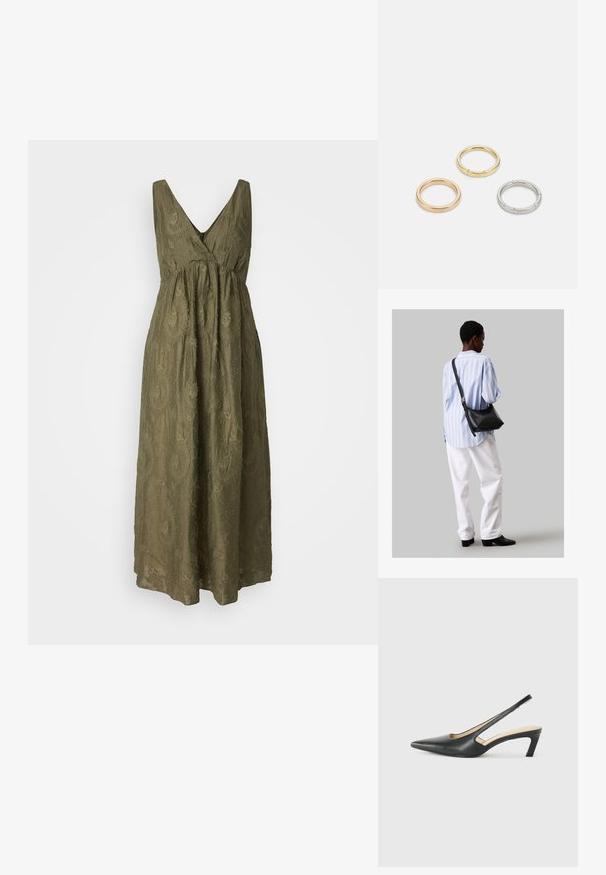 Oluva zaļa, bez piedurknēm maxi kleita ar V veida dekoltē, savilktu jostasvietu un teksturētu paisley rakstu. Plūstošs audums, viegls dizains.; Melna, ar smailu purngalu, slingback kurpe ar zemu papēdi, izgatavota no gludas ādas materiāla un ar izgriezumiem sānos gaisa caurlaidībai.; Melna ādas plecu soma ar mīkstu tekstūru, trīsstūra formu un regulējamu siksnu, apvienota ar gaiši zilu svītrotu krekli un baltām biksēm.; Trīs metāla gredzeni: viens rozā zeltā, viens zeltā ar teksturētiem akcentiem un viens sudraba, visiem ar iegravētām zīmola atzīmēm iekšējā joslā.