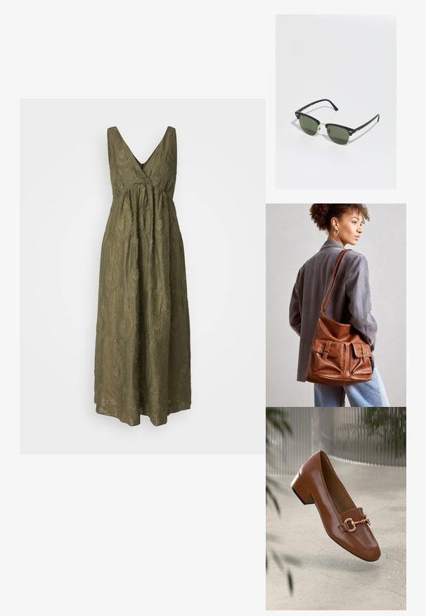 Olivno zelena, brezrokavna maksi obleka z V-izrezom, nabrano pasom in teksturiranim paisley vzorcem po celotni površini. Sproščeno blago, lahka zasnova.; Rjavi lakirani loafer z kvadratnim nosom, kovinsko verigo kot okrasom in nizko blok podplatom; gladka tekstura, minimalističen dizajn.; Črne in zlate sončne očala z zelenimi lečami, v obliki mačjih oči, z kovinskimi detajli in teksturiranim okvirjem.; Rjava usnjena torba v obliki vedra, ki ima dve sprednji žepki z zaponkami. Torba ima gladko teksturo in nastavljiv trak.