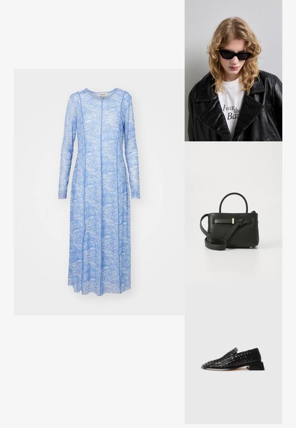 Haljina dugih rukava od svijetloplavog prozirnog materijala s uzorkom cvjetnih ruža. Ima okrugli izrez i ravnu siluetu s detaljima šavova.; Crne kožne pletene cipele za nošenje bez vezanja s niskim blok potplatom i detaljem s valovima, prikazane na bijeloj pozadini.; Crne sunčane naočale s elegantnim, kutnim dizajnom. Model nosi crnu kožnu jaknu preko bijele majice s otisnutim tekstom, na neutralnoj pozadini.; Crna kožna torbica s teksturiranim završetkom, gornjim ručkama i dugim podesivim remenom. Sadrži akcent u zlatnoj boji na prednjoj strani.