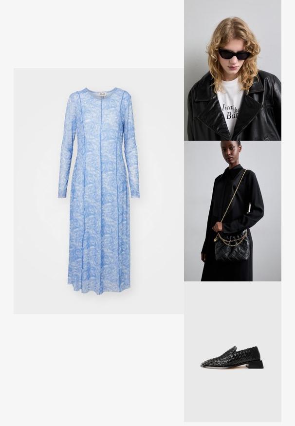 Haljina dugih rukava od svijetloplavog prozirnog materijala s uzorkom cvjetnih ruža. Ima okrugli izrez i ravnu siluetu s detaljima šavova.; Crne kožne pletene cipele za nošenje bez vezanja s niskim blok potplatom i detaljem s valovima, prikazane na bijeloj pozadini.; Crne sunčane naočale s elegantnim, kutnim dizajnom. Model nosi crnu kožnu jaknu preko bijele majice s otisnutim tekstom, na neutralnoj pozadini.; Crna naslagana kožna torba s naboranim vrhom, zlatnim lančićem i pravokutnim oblikom, držana uz jednostavnu pozadinu.