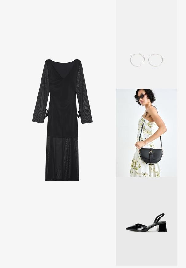 Sort kjole med V-hals, gennemsvarende lange ærmer, samlede detaljer i taljen og en flydende mesh-nederdel. Glat tekstur hele vejen igennem.; Sorte patentlæder slingback hæle med spids tå og en geometrisk blok hæl. Har et elegant, minimalistisk design og en glat tekstur.; Sort læderhåndtaske med en buet form, aftagelig rem og guldfinish. Tasken har en klap med en spænde detalje.; Sølv hoop øreringe med et slankt, rundt design, der har en glat overflade og ingen synlige udsmykninger. Diameter ikke specificeret.