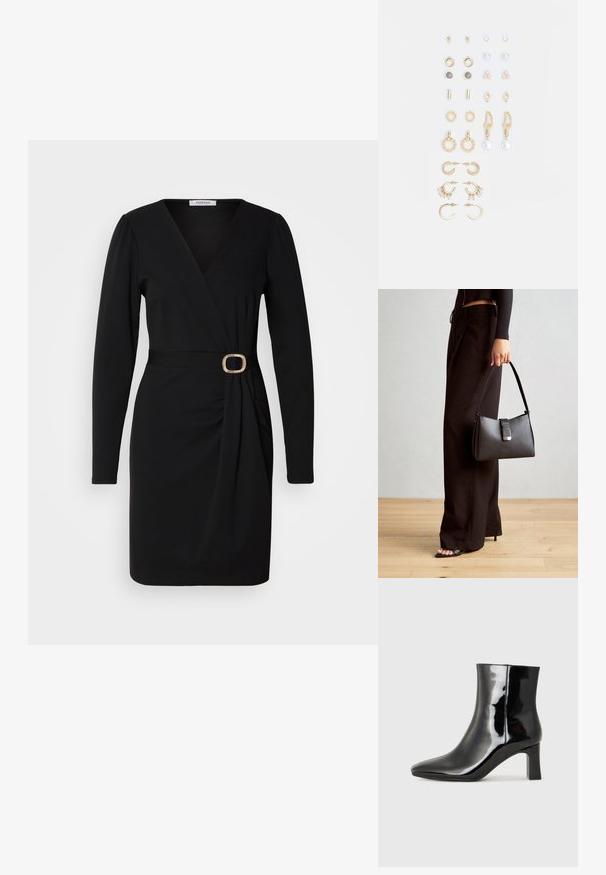 Abito avvolgente nero con maniche lunghe, scollatura a V e dettaglio arricciato sul lato. Presenta una cintura in tessuto con una fibbia rotonda dorata. Texture liscia.; Stivaletto in pelle verniciata nera con punta a punta e tacco a blocco di altezza media. Texture liscia e design minimalista.; Borsa nera con forma strutturata, texture liscia e una chiusura metallica. Abbinata a pantaloni neri larghi e sandali open-toe su un pavimento in legno.; Set di orecchini in tonalità oro che presentano vari design, tra cui cerchi, orecchini a perno e pezzi pendenti con perle e strass.