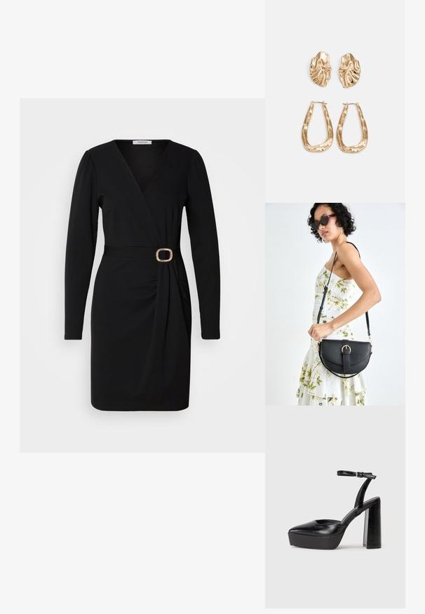 Černé obálkové šaty s dlouhými rukávy, výstřihem do V a sbíraným detailem na boku. Obsahují látkový pásek s kulatou zlatou sponou. Hladká textura.; Černé platformové podpatky s špičatou špičkou a nastavitelným kotníkovým popruhem. Vyrobeny z hladké kůže, s masivním blokovým podpatkem.; Černá kožená kabelka s křivkovým tvarem, odnímatelným popruhem a zlatými detaily. Kabelka má klopu s přezkou.; Náušnice ve zlatém tónu s texturovanými, vlnitými tvary. Obsahují sochařské klipy a design otevřeného kruhu s kladivkovým povrchem.