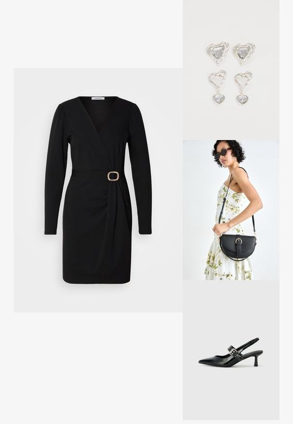 Rochie neagră, cu mâneci lungi, de tip wrap, cu decolteu în formă de V și detaliu pliat pe lateral. Include un brâu din țesătură cu o cataramă rotundă aurie. Textură fină.; Sandale cu toc din piele patent neagră, cu vârful ascuțit și un toc mic bloc, având un accent cu cataramă argintie pe curea.; Geantă din piele neagră, cu o formă curbată, curea detașabilă și accesorii aurii. Geanta are un capac cu un detaliu tip cataramă.; Cerceii în formă de inimă argintie sunt decorați cu pietre clare fațetate, având un cadru texturat. Setul include stiluri cu buton și cu pandantiv.