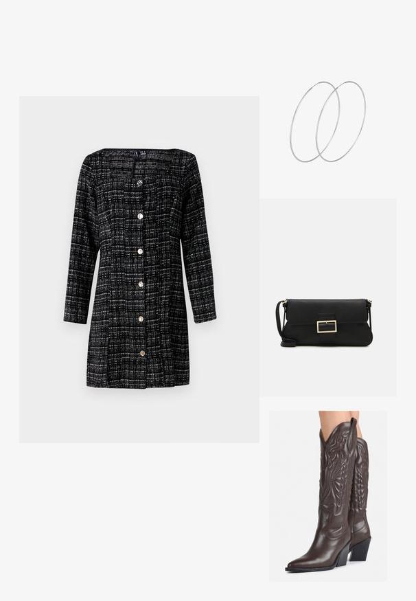 Black and white checkered dress with long sleeves, square neckline, and front button closure. Textured fabric with shiny silver buttons.; Brown leather cowboy boots with pointed toe and block heel, featuring detailed stitching and raised accents on the shaft.; Black leather clutch bag with a flap and a gold metal buckle detail. Includes a black strap and a sleek, minimalist design.; Silver hoop earrings with a minimalist design. Circular shape, smooth texture, and thin profile. Lightweight with a polished finish.