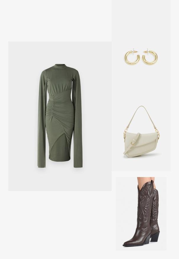 Vestido de manga longa verde-oliva com gola alta, costuras laterais franzidas e painéis assimétricos que criam uma silhueta ajustada. Textura de tecido suave.; Botas de cowboy em couro castanho com bico pontudo e salto quadrado, apresentando costuras detalhadas e realces elevados no cano.; Pequena bolsa de creme com um acabamento texturizado, uma alça longa ajustável, um detalhe em corrente e um fecho de aba. Detalhes em hardware dourado.; Brincos em argola dourados com um acabamento liso e brilhante. Design circular com um pequeno pino e suporte transparente para um uso seguro.