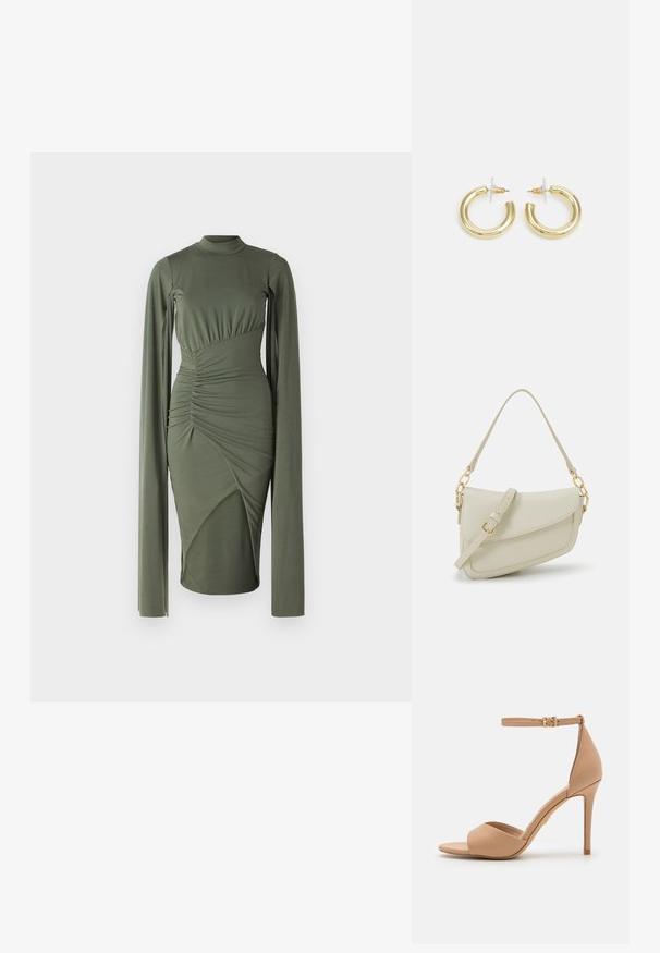 Hosszú ujjú, olíva zöld ruha magas gallérral, redőzött oldalsó varrással és aszimmetrikus panelekből álló, testhez simuló siluettel. Simább szövettextúra.; ALDO CRERIDE PILLOW WALK - Szandálok - beige; Kis krémszínű táska texturált felülettel, hosszú, állítható pánttal, láncos díszítéssel és fedéllel záródik. Aranyszínű fém részletek.; Arany fülbevalók sima, fényes felülettel. Kör alakú dizájn, amely kis kapoccsal és átlátszó tartozékkal rendelkezik a biztonságos viselés érdekében.