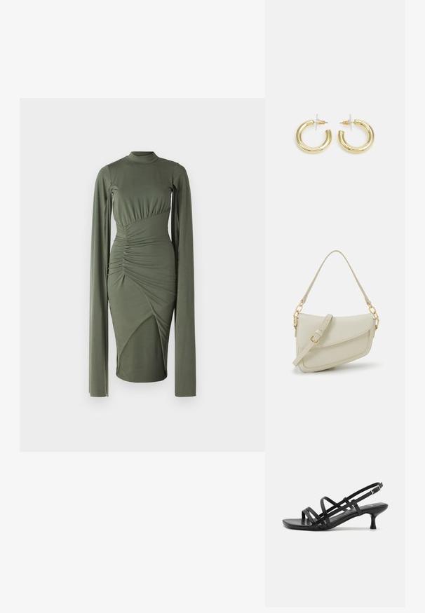 Garšs piedurkņu olīvu zaļās krāsas kleita ar augstu apkakli, savilktām sānu šuvēm un asimetriskām daļām, kas veido pieguļošu siluetu. Gluda auduma tekstūra.; Melni papēžu sandales ar vairākiem krustveida siksnām. Gluda materiāla, norādīta purngala un šaura papēža. Regulējama potītes siksna ar sprādzīti.; Maza krēmkrāsas rokas soma ar teksturētu apdari, garu regulējamu siksniņu, ķēdes akcentu un vāciņa aizdari. Zelta aparatūras detaļas.; Zelta auskari ar gludu, spīdīgu apdari. Apaļš dizains, kas ietver mazu tapu un caurspīdīgu pamatni drošai valkāšanai.