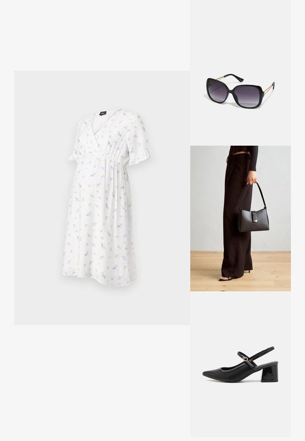 Vestido de maternidade branco com pequenos padrões florais azuis, mangas curtas com babados e um design em decote V cruzado. Ajuste leve para conforto.; Sabrinas de cerâmica preta com salto bloco, bico apontado e um design com recortes arredondados. Apresenta um detalhe em fivela de tom dourado.; Óculos de sol oversized pretos com lentes degradê, armações grossas e detalhes em corrente dourada nas hastes.; Bolsa preta com forma estruturada, textura suave e um fecho metálico. Combinada com calças largas pretas e sandálias de salto aberto sobre um chão de madeira.