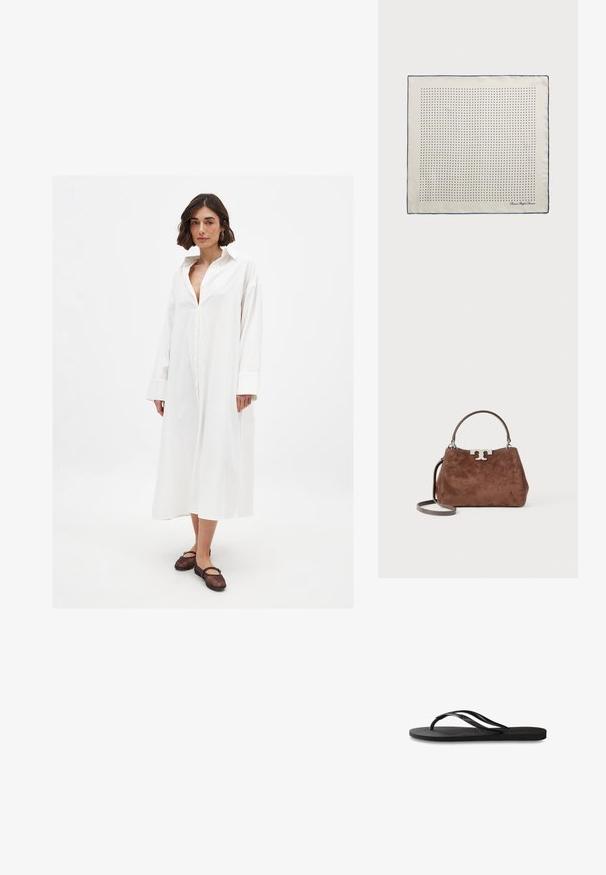 NA-KD MAXI - Särkkleit - white; Mustad mustes suss, millel on tekstureeritud kummist põhi, kaks peenikest rihma ja tagasihoidlik, reljeefne logo detail rihmal.; Siidist sall kreemikas toonis, mereväe sinise äärisega, millel on ühtlaselt jaotunud mereväe sinised täpid, moodustades mustri. Nurgas on trükitud allkiri.; Pruun nahkadega õlakott struktureeritud kujuga, hõbedase logo riistvaraga, lühiheebiga ja eemaldatava õlarihmaga. Sile tekstuur, minimalistlik disain.