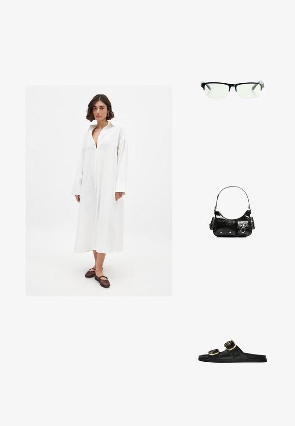 NA-KD MAXI - Tričkové šaty - white; Čierne šľapky s dvoma zlatými prackami, hladký textúrovaný materiál, plochá podrážka a minimalistický dizajn.; Čierne obdĺžnikové okuliare s priehľadnými sklami, majú elegantné čierne rámy a šedé priehľadné konce straníc. Minimalistický dizajn, bez viditeľného loga.; Čierna laková kožená kabelka s ohnutým tvarom, jedným ramenným popruhom, prednými vreckami a striebornými kovovými doplnkami.