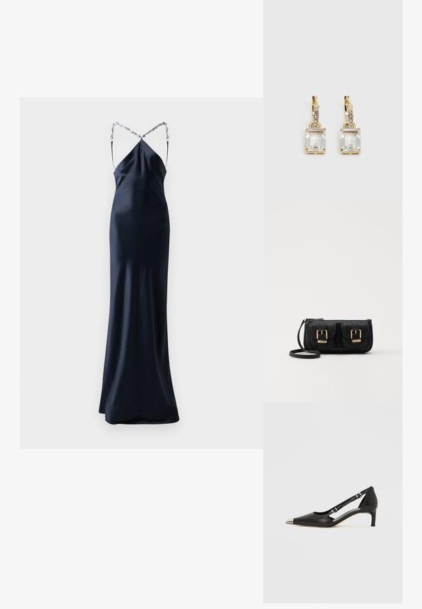 Long, fitted, navy satin dress with spaghetti straps. Features a crisscross back design with silver chain accent. Smooth, sleek texture.; Black leather kitten heel with pointed silver toe cap and dual buckle straps on a white background.; Black leather crossbody bag with two front pockets, gold buckles, zipper closure, and a slim strap. Textured surface and compact rectangular shape.; Gold-tone earrings featuring a rectangular, clear crystal dangling below a row of small, round clear accents. Sleek, modern design.